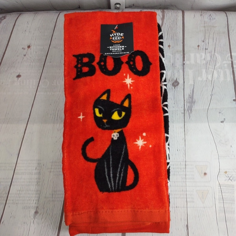 Halloween Kitchen Towels Orange w/Black Cat & Black w/Webs 2pk NWT Hyde and Eek! - Picture 1 of 3